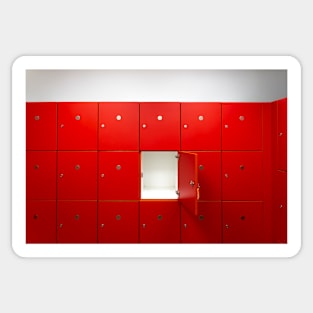Red lockers inside of a room with one central opened door Sticker